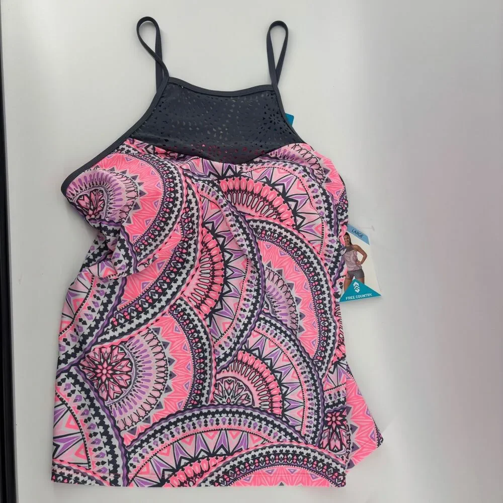 Free Country Tankini Top Womens Large Pink Purple Mandala Laser Cut Mesh NEW